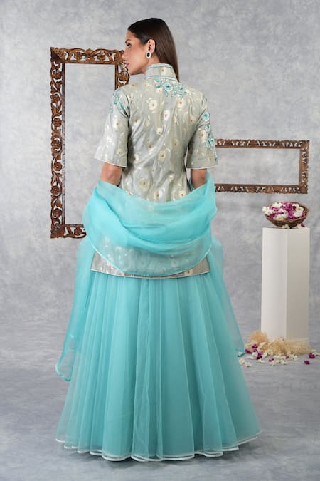 Shop Talking Threads Blue Jacket Brocade Silk Lehenga Butterfly Net Dupatta Niloufer Kurta Set at Aza Fashions Shop_Talking Threads_Blue Jacket Brocade Silk Lehenga Butterfly Net Dupatta Niloufer Kurta Set _at_Aza_Fashions