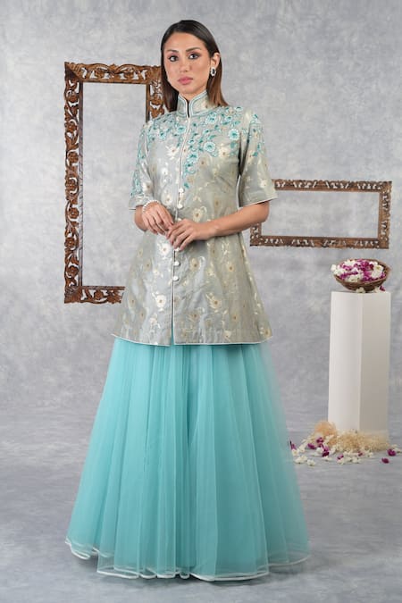 Talking Threads Blue Jacket Brocade Silk Lehenga Butterfly Net Dupatta Niloufer Kurta Set Online at Aza Fashions Talking Threads_Blue Jacket Brocade Silk Lehenga Butterfly Net Dupatta Niloufer Kurta Set _Online_at_Aza_Fashions