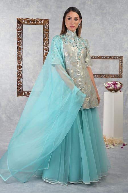 Buy Talking Threads Blue Jacket Brocade Silk Lehenga Butterfly Net Dupatta Niloufer Kurta Set Online at Aza Fashions Buy_Talking Threads_Blue Jacket Brocade Silk Lehenga Butterfly Net Dupatta Niloufer Kurta Set _Online_at_Aza_Fashions