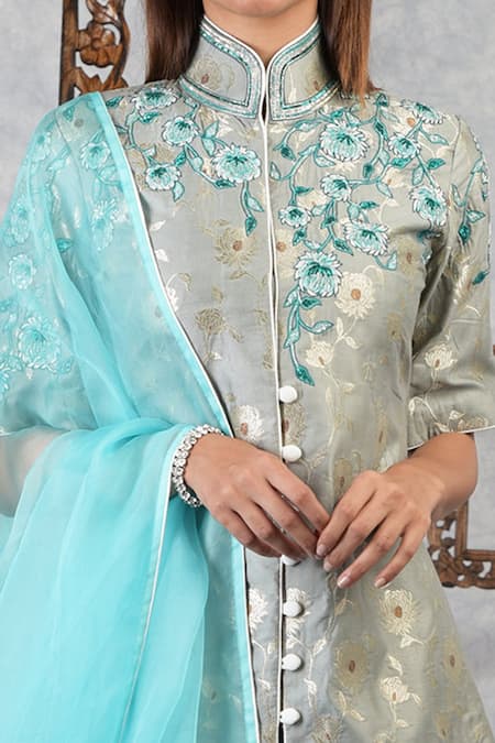 Shop Talking Threads Blue Jacket Brocade Silk Lehenga Butterfly Net Dupatta Niloufer Kurta Set Online at Aza Fashions Shop_Talking Threads_Blue Jacket Brocade Silk Lehenga Butterfly Net Dupatta Niloufer Kurta Set _Online_at_Aza_Fashions