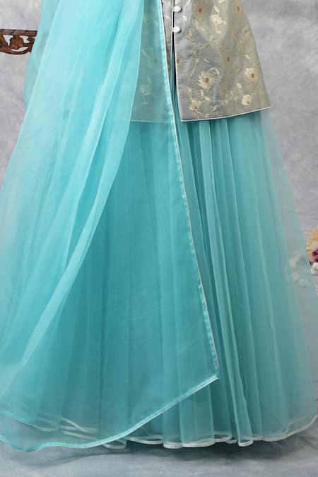 Talking Threads Blue Jacket Brocade Silk Lehenga Butterfly Net Dupatta Niloufer Kurta Set at Aza Fashions Talking Threads_Blue Jacket Brocade Silk Lehenga Butterfly Net Dupatta Niloufer Kurta Set _at_Aza_Fashions