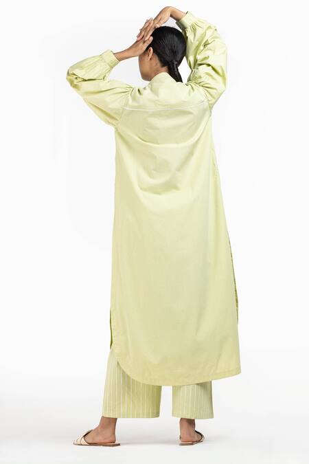 Three Green Cotton Poplin Striped High Neck Puff Sleeve Tunic And Pant Set  2