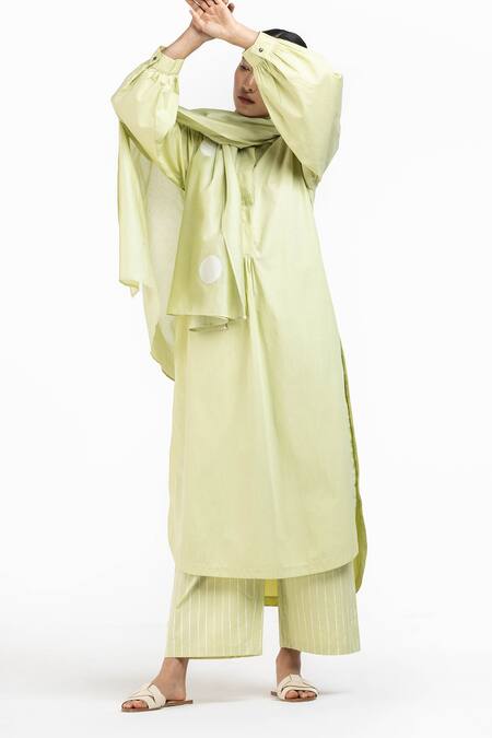 Three Green Cotton Poplin Striped High Neck Puff Sleeve Tunic And Pant Set  3