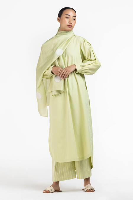 Three Green Cotton Poplin Striped High Neck Puff Sleeve Tunic And Pant Set  4