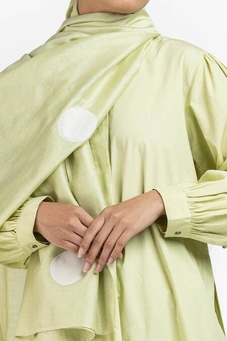 Three Green Cotton Poplin Striped High Neck Puff Sleeve Tunic And Pant Set  5