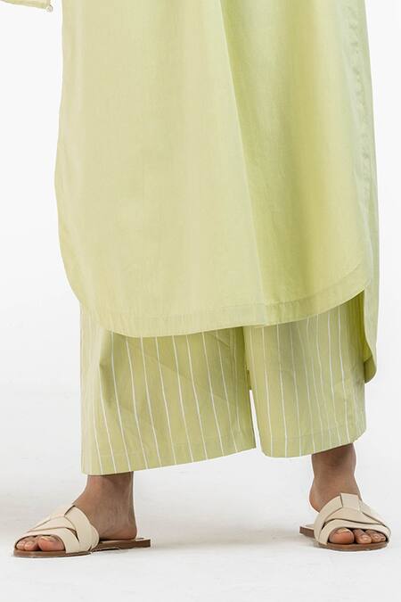Three Green Cotton Poplin Striped High Neck Puff Sleeve Tunic And Pant Set  6