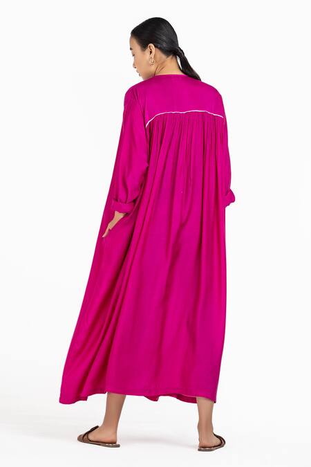 Shop Three Pink Bemberg Gathered Neck Midi Dress at Aza Fashions Shop_Three_Pink Bemberg Gathered Neck Midi Dress_at_Aza_Fashions