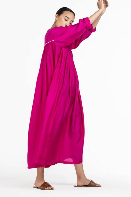 Three Pink Bemberg Gathered Neck Midi Dress Online at Aza Fashions Three_Pink Bemberg Gathered Neck Midi Dress_Online_at_Aza_Fashions