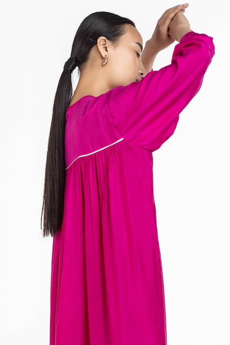 Shop Three Pink Bemberg Gathered Neck Midi Dress Online at Aza Fashions Shop_Three_Pink Bemberg Gathered Neck Midi Dress_Online_at_Aza_Fashions