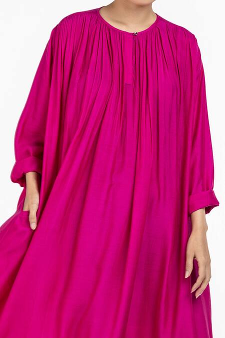 Three Pink Bemberg Gathered Neck Midi Dress at Aza Fashions Three_Pink Bemberg Gathered Neck Midi Dress_at_Aza_Fashions