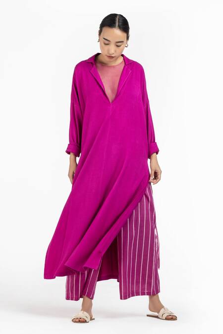 Three_Pink Net, Tencel Notched Collar Tunic_Online_at_Aza_Fashions