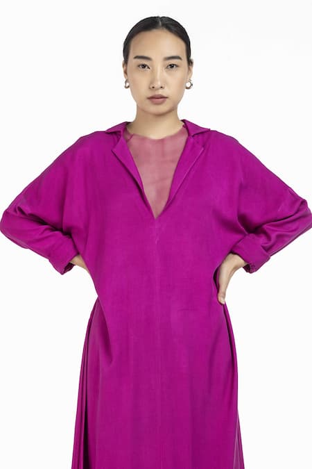 Three_Pink Net, Tencel Notched Collar Tunic_at_Aza_Fashions