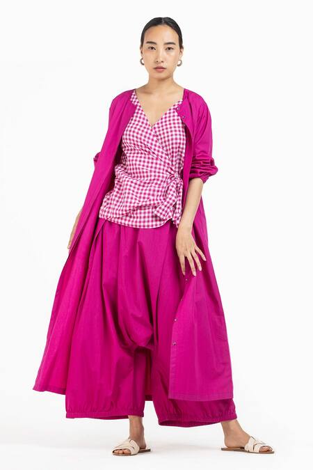 Three_Pink Handwoven Cotton Checkered V Neck Top_Online_at_Aza_Fashions