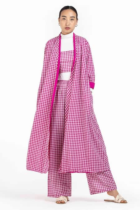 THREE Pink Handwoven Cotton Checkered Open Reversible Jacket 