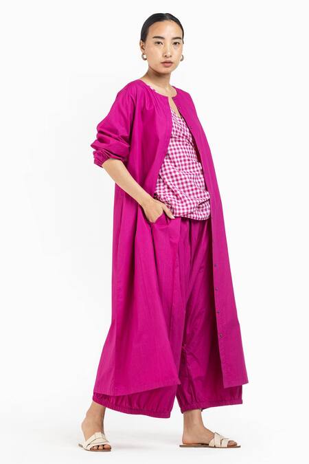 Three_Pink Chanderi Plain Open Gathered Sleeve Front Jacket _Online_at_Aza_Fashions