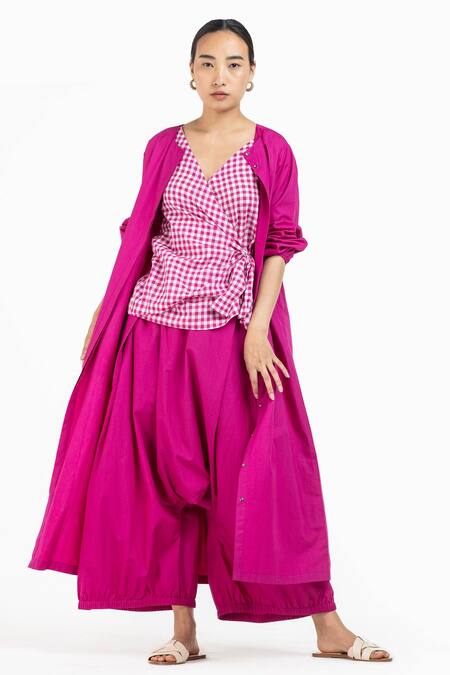 Buy_Three_Pink Chanderi Plain Open Gathered Sleeve Front Jacket _Online_at_Aza_Fashions