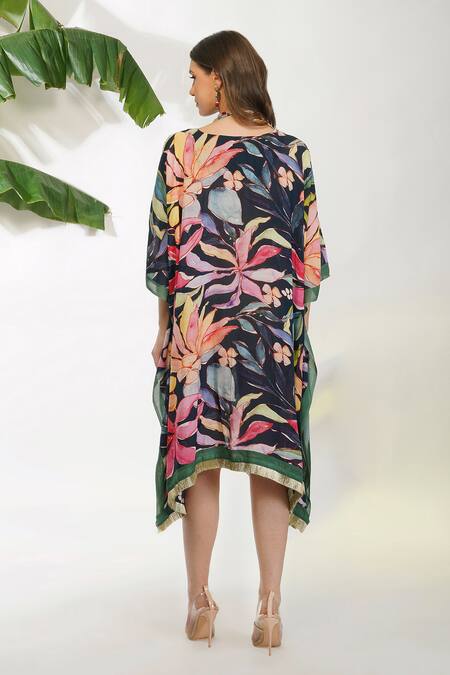 Shop Devyani Mehrotra Black Viscose Cotton Silk Tropical Floral V Neck Flower Print Kaftan And Pant Set at Aza Fashions Shop_Devyani Mehrotra_Black Viscose Cotton Silk Tropical Floral V Neck Flower Print Kaftan And Pant Set_at_Aza_Fashions
