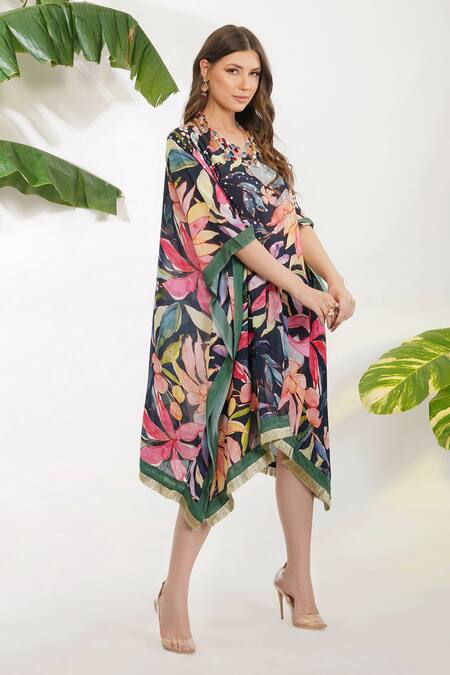 Devyani Mehrotra Black Viscose Cotton Silk Tropical Floral V Neck Flower Print Kaftan And Pant Set Online at Aza Fashions Devyani Mehrotra_Black Viscose Cotton Silk Tropical Floral V Neck Flower Print Kaftan And Pant Set_Online_at_Aza_Fashions