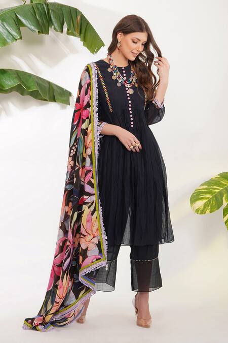 Devyani Mehrotra_Black Viscose Cotton Silk Printed Flower Motifs Anarkali Set With Dupatta_Online_at_Aza_Fashions