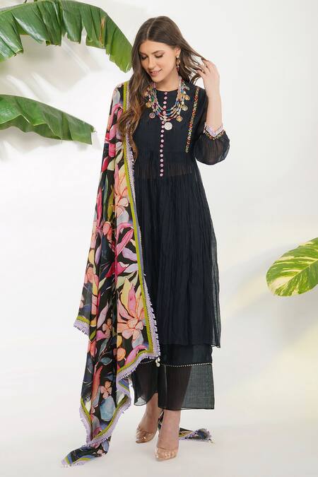 Buy_Devyani Mehrotra_Black Viscose Cotton Silk Printed Flower Motifs Anarkali Set With Dupatta_Online_at_Aza_Fashions