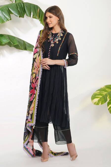 Shop_Devyani Mehrotra_Black Viscose Cotton Silk Printed Flower Motifs Anarkali Set With Dupatta_Online_at_Aza_Fashions
