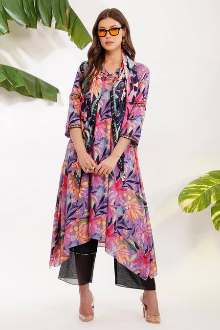 Buy_Devyani Mehrotra_Purple Viscose Cotton Silk Printed Flower Motifs V Tropical Tunic And Pant Set_Online_at_Aza_Fashions