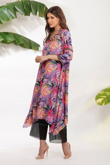 Shop_Devyani Mehrotra_Purple Viscose Cotton Silk Printed Flower Motifs V Tropical Tunic And Pant Set_Online_at_Aza_Fashions