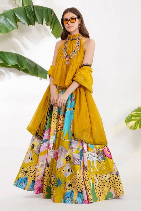 Devyani Mehrotra_Yellow Chanderi, Glace Cotton Leopard And Floral Halter Abstract Print Lehenga Set_Online_at_Aza_Fashions