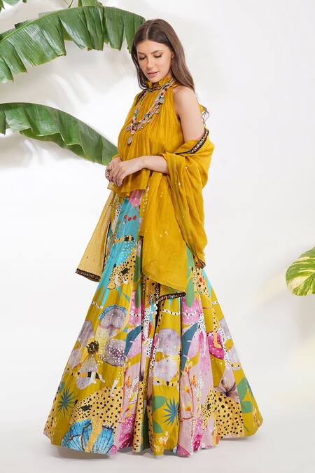 Buy_Devyani Mehrotra_Yellow Chanderi, Glace Cotton Leopard And Floral Halter Abstract Print Lehenga Set_Online_at_Aza_Fashions