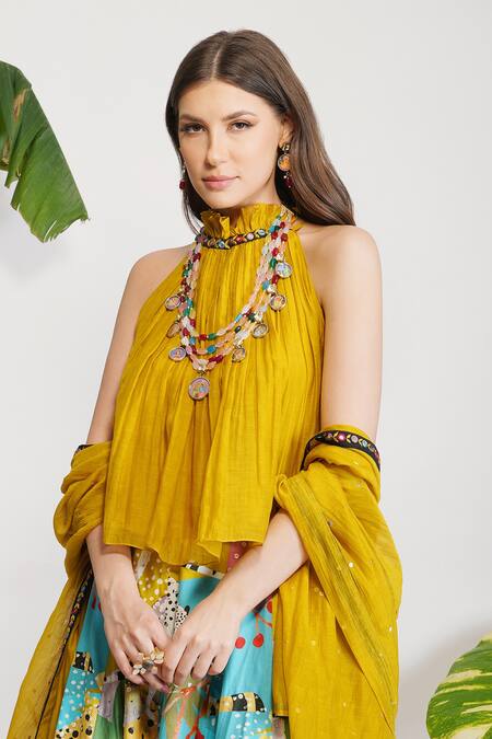 Shop_Devyani Mehrotra_Yellow Chanderi, Glace Cotton Leopard And Floral Halter Abstract Print Lehenga Set_Online_at_Aza_Fashions