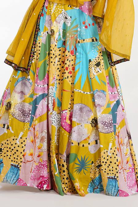 Devyani Mehrotra_Yellow Chanderi, Glace Cotton Leopard And Floral Halter Abstract Print Lehenga Set_at_Aza_Fashions