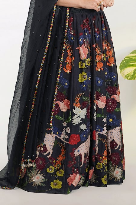 Devyani Mehrotra_Black Chanderi, Viscose Cotton Silk Leopard And Floral V Fauna Print Lehenga Set_at_Aza_Fashions