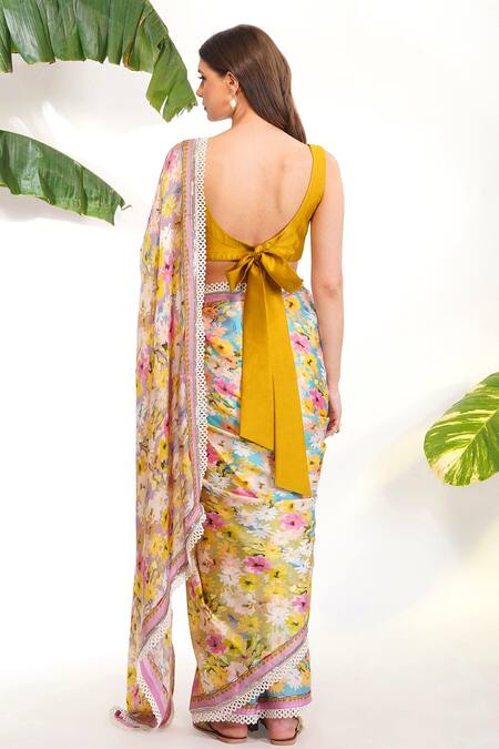 Shop Devyani Mehrotra Multi Color Viscose Satin Georgette Blouse Chanderi Summer Print Saree at Aza Fashions Shop_Devyani Mehrotra_Multi Color Viscose Satin Georgette Blouse Chanderi Summer Print Saree_at_Aza_Fashions