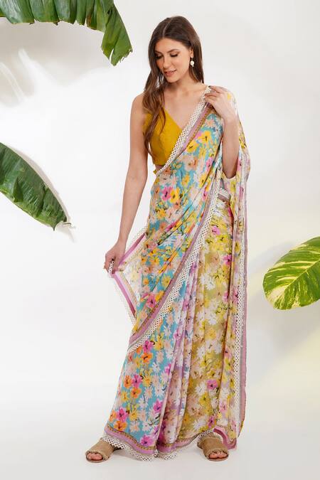 Devyani Mehrotra Multi Color Viscose Satin Georgette Blouse Chanderi Summer Print Saree Online at Aza Fashions Devyani Mehrotra_Multi Color Viscose Satin Georgette Blouse Chanderi Summer Print Saree_Online_at_Aza_Fashions