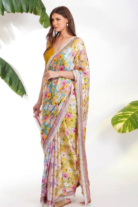 Buy Devyani Mehrotra Multi Color Viscose Satin Georgette Blouse Chanderi Summer Print Saree Online at Aza Fashions Buy_Devyani Mehrotra_Multi Color Viscose Satin Georgette Blouse Chanderi Summer Print Saree_Online_at_Aza_Fashions