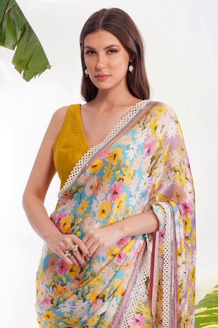 Shop Devyani Mehrotra Multi Color Viscose Satin Georgette Blouse Chanderi Summer Print Saree Online at Aza Fashions Shop_Devyani Mehrotra_Multi Color Viscose Satin Georgette Blouse Chanderi Summer Print Saree_Online_at_Aza_Fashions