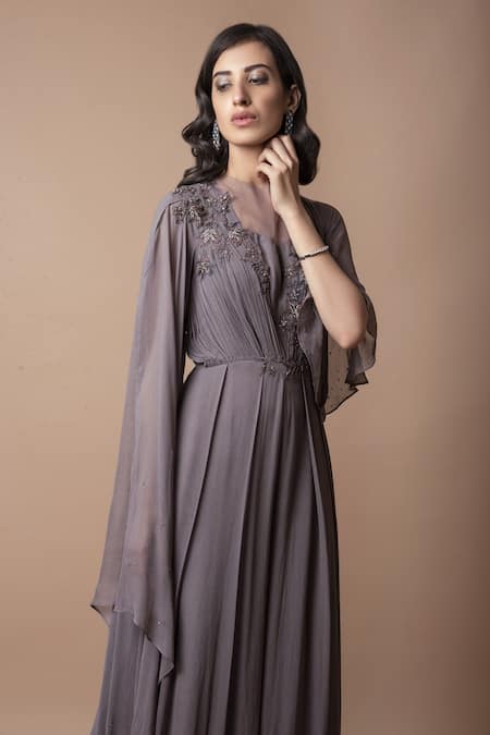 Buy_K-Anshika_Grey Georgette Round Asymmetric Drape Jumpsuit_Online_at_Aza_Fashions