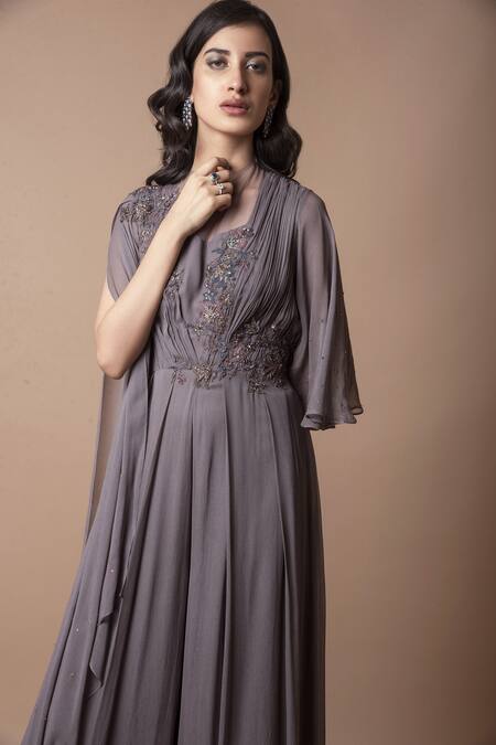 Shop_K-Anshika_Grey Georgette Round Asymmetric Drape Jumpsuit_Online_at_Aza_Fashions