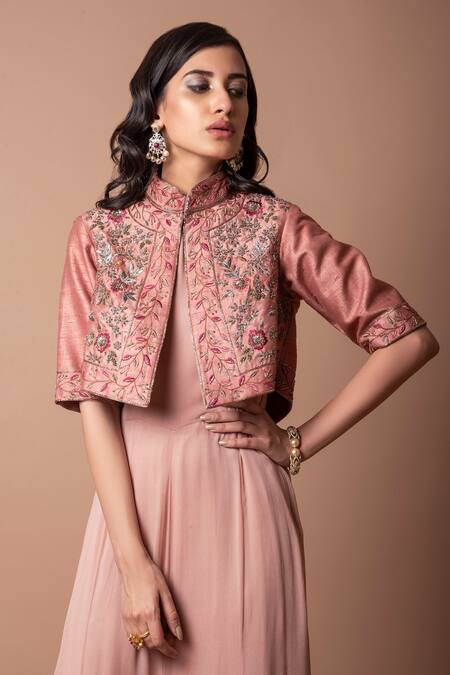 K-Anshika Pink Georgette, Silk Chanderi Floral Pleated Dress With Embellished Jacket Online at Aza Fashions K-Anshika_Pink Georgette, Silk Chanderi Floral Pleated Dress With Embellished Jacket _Online_at_Aza_Fashions