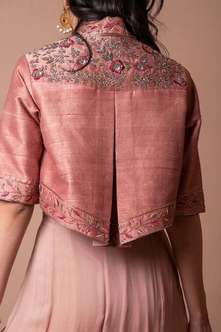 Buy K-Anshika Pink Georgette, Silk Chanderi Floral Pleated Dress With Embellished Jacket Online at Aza Fashions Buy_K-Anshika_Pink Georgette, Silk Chanderi Floral Pleated Dress With Embellished Jacket _Online_at_Aza_Fashions