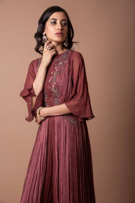 K-Anshika_Brown Chiffon, Georgette Round Asymmetric Drape Jumpsuit_Online_at_Aza_Fashions