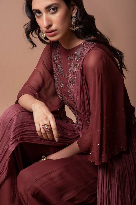 Buy_K-Anshika_Brown Chiffon, Georgette Round Asymmetric Drape Jumpsuit_Online_at_Aza_Fashions