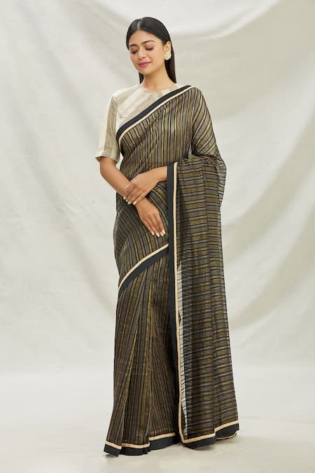 Pranay Baidya_Black Chanderi Lace Work, Stripes Saree _Online_at_Aza_Fashions