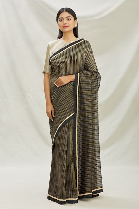 Buy_Pranay Baidya_Black Chanderi Lace Work, Stripes Saree _Online_at_Aza_Fashions