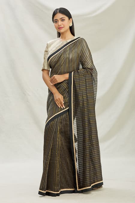 Shop_Pranay Baidya_Black Chanderi Lace Work, Stripes Saree _Online_at_Aza_Fashions
