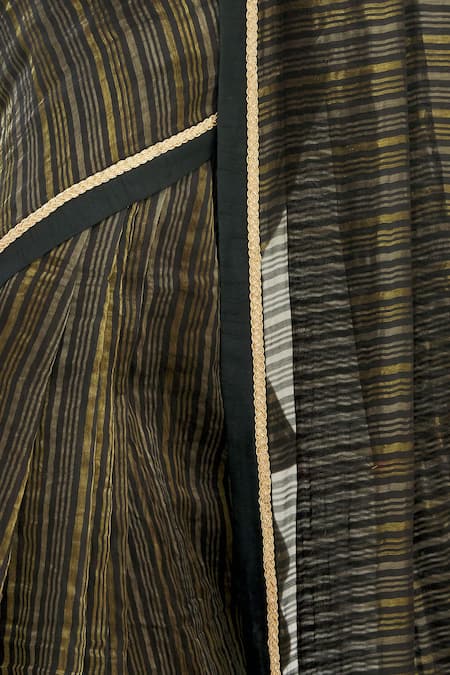 Pranay Baidya_Black Chanderi Lace Work, Stripes Saree _at_Aza_Fashions