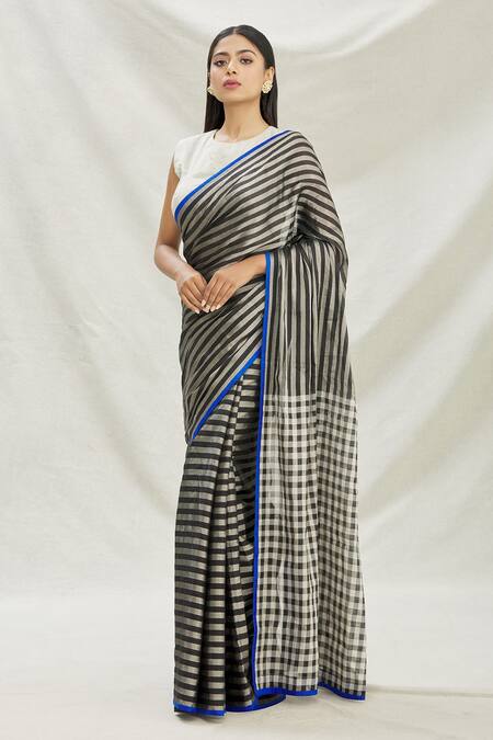 Pranay Baidya Black Chanderi Tissue Checks, Stripes Print Saree Online at Aza Fashions Pranay Baidya_Black Chanderi Tissue Checks, Stripes Print Saree _Online_at_Aza_Fashions