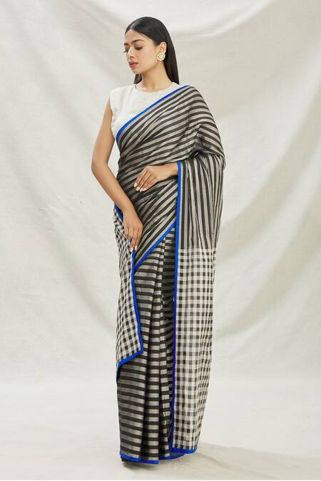 Buy Pranay Baidya Black Chanderi Tissue Checks, Stripes Print Saree Online at Aza Fashions Buy_Pranay Baidya_Black Chanderi Tissue Checks, Stripes Print Saree _Online_at_Aza_Fashions