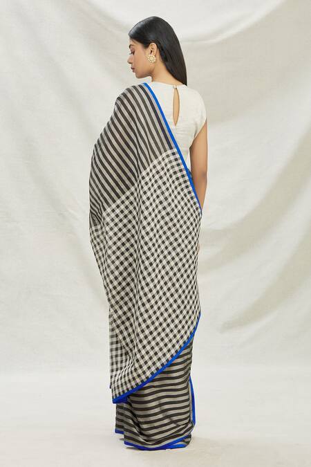 Shop Pranay Baidya Black Chanderi Tissue Checks, Stripes Print Saree Online at Aza Fashions Shop_Pranay Baidya_Black Chanderi Tissue Checks, Stripes Print Saree _Online_at_Aza_Fashions