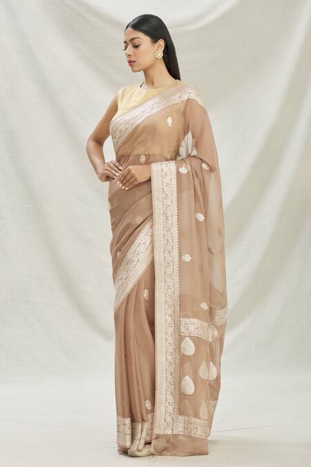 Pranay Baidya_Brown Georgette, Kadhwa Banarasi Zari Woven Saree _Online_at_Aza_Fashions